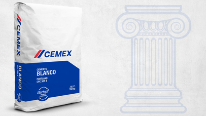 Fondo gris con silueta de columna griega y un saco de cemento blanco portland marca Cemex